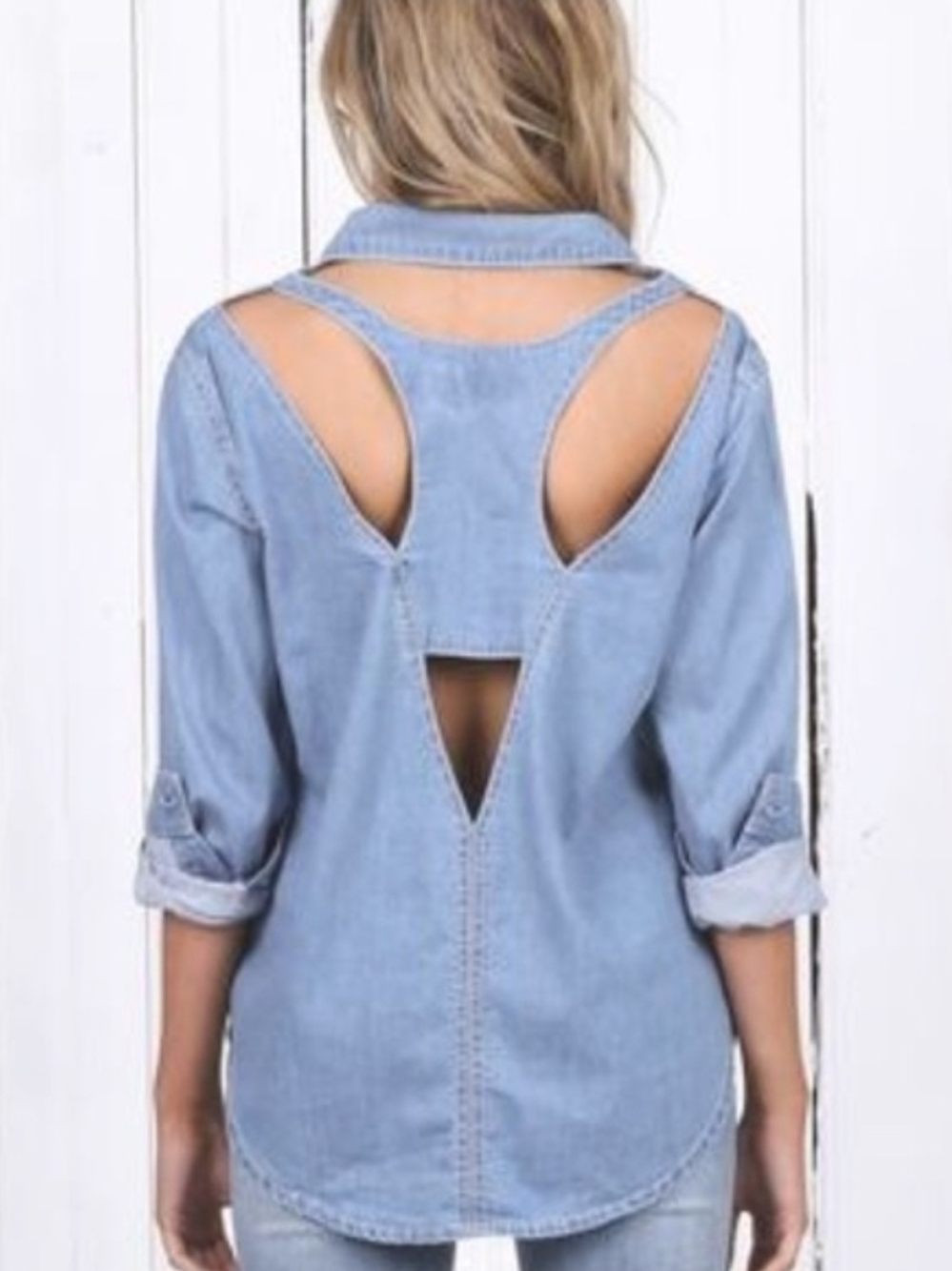 Women's Light Blue Cutout Denim-Style Button-Down Shirt